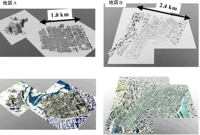 図 11 市街地空間モデル構築結果（上段：テクスチャなし，下段：テクスチャあり）