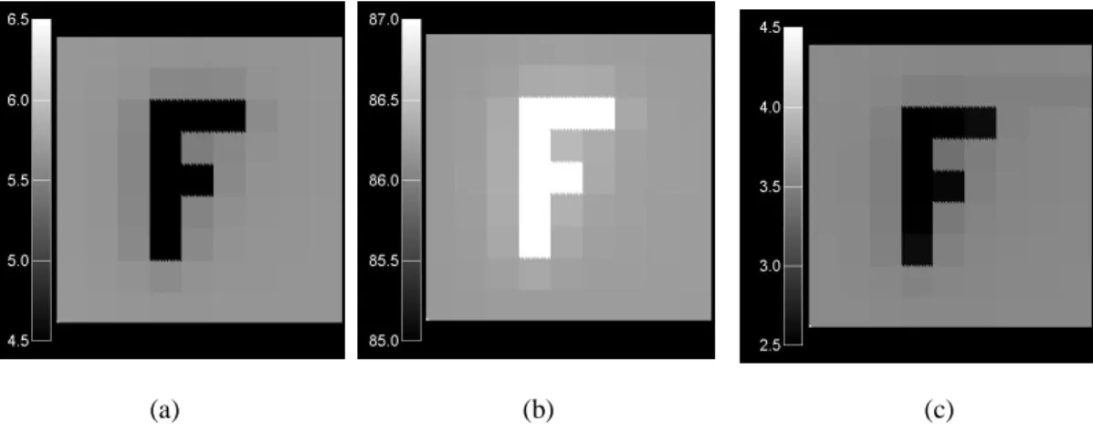 Fig. 8. Simulated images of the object with the substrate of (a) illumination-mode scan with  P(0, π/2), (b) collection-reflection mode scan with P(π/2,π) and (c) collection mode scan with  P(π/2,π).