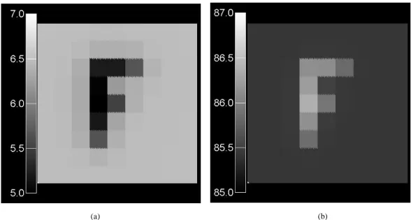 Fig. 4. Simulated image of F-shaped dielectric object for (a) illumination mode with P(0,π/2),  and (b) collection-reflection mode with P(π/2,π)