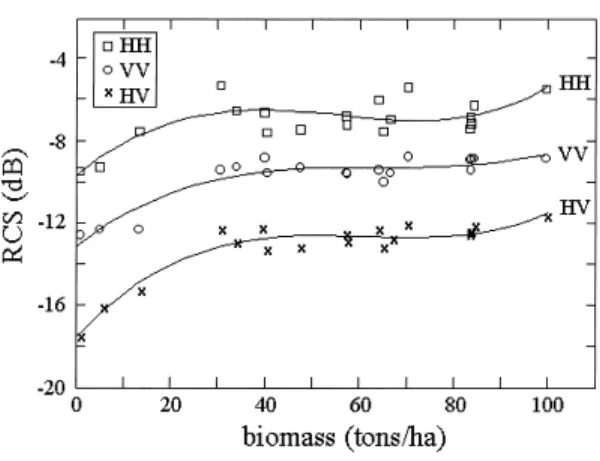 Fig. 5 L-band RCS as a function of the above ground biomass at the Tomakomai coniferous forests.