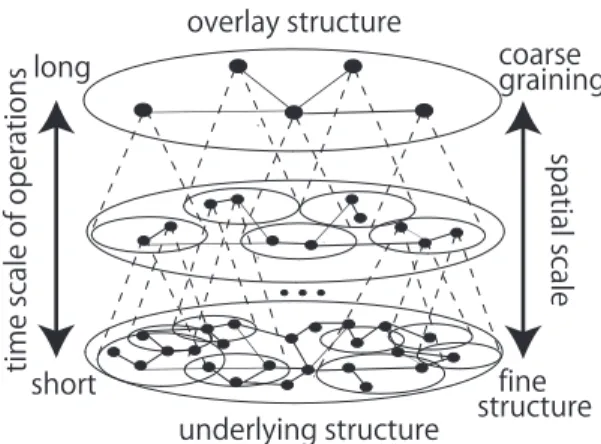 Fig. 2 Hierarchical structure of networks with temporal and spatial scale dependencies: The range of local interaction is not local if we observe it at a more microscopic scale.