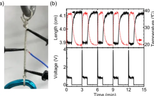 Figure 2 (a) shows a photograph of the experimental setup for the electrical driving of the electroactive  super-coiled artificial muscle