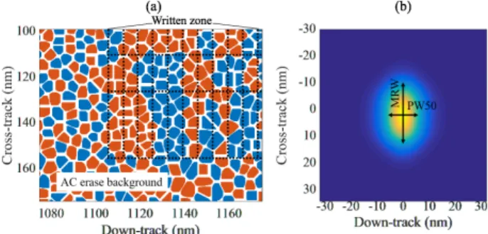 Fig. 2 (a) Bit cell area of magnetization pattern written by random data on the media modeled by Voronoi model