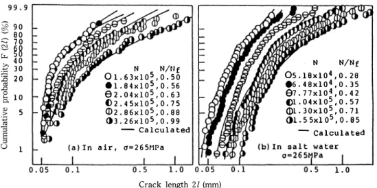 Fig.  4  An  example  of  distribution  of  crack  length  on  ]IS  S45C  smoothed  specimen  surface  during  fatigue
