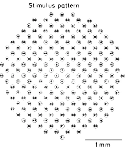 Fig .  1 .  Inve rted  i mage  of  LED  d i s p l ay  on  the  retinal  surface.  C i rc l e s   represent  the  out l i ne  of  the  LED  components  numbe red  1 - 199,  from  the  central  to  the  pe r ipheral,  although  the  order  of  a  hundred  i 