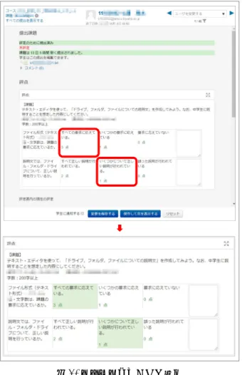 図 3.  ルーブリックによる評価 図 4.  評点の計算 図 5.  学生から見た評定画面３．課題の設定とルーブリック定義 コースの教師が課題の評価方法として，ルーブリックを利用する手順について，次に示す。3-1．課題の設定 まずは， 次に示すように課題の基本設定をする。(1) 課題の追加編集モード画面で［活動またはリソースを追加する］（図6）をクリックし，活動一覧から［課題］を選択し，［追加］ボタンをクリックする（図7）。図6