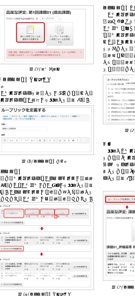 図 13.  高度な評定 (3)ルーブリックを定義する  名称  「ルーブリックを定義する」画面では，まず， ルーブリックの「名称」を入力する（図 14）。  図 14.  ルーブリックの名称 ルーブリック 次に，ルーブリックの「クライテリア」（判定 基準）とその「レベル」と「点数」を入力する（図 15）。「クライテリア」は必要に応じて追加する ことができ，「レベル」も追加，削除ができる。  図 15