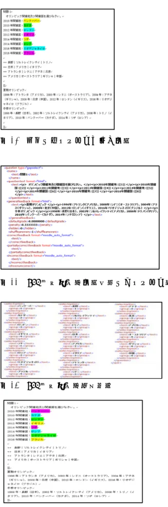 図 21  全体フードバックを含む問題  図 22  XML 変換結果（問題文，フィドバック） 図 23  XML 変換結果（選択肢）  図 24  XML からの逆変換結果  ３． おわりに  本ツールは，富山大学総合情報基盤センターのWeb サイトで公開している。文書作成で広く使われている Wordを利用したツールであるため，誰でも容易に効率よく多数のMoodleの小テスト問題を作成することができる。ミ ッシ ングワ ード 選択 及びド ラッ グ＆ドロ ッ プ テ キ ス トについては，Moodle の