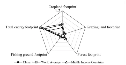 Figure 3. Area components of the ecological footprints (1999) of China, world average, and  middle-income countries (Unit: global ha/person) 