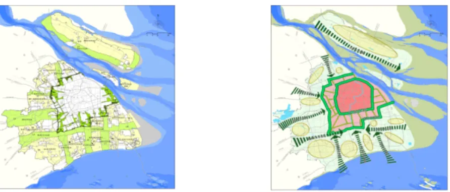 図 1 上海市緑地整備図（上海市企画国土資源管理局より）  ２−３上海緑地の現状  1949 年当時の１人平均緑地面積はわずか 0.132 平方メートルで、どうにか靴１足を投げ入ら れる程度だった。1985 年 1 人当たりの緑地面積は、0.45 平方メートル前後で、ちょうど新聞 １ページ分ほどである。95 年になって、1.69 平方メートルまで増え、ベッドと同じ広さとな った。この 10 年間において、緑化整備が飛躍的に展開されたことにより、年間に 1 人当たり の緑地面積がほぼ１平方メートルずつ拡大して