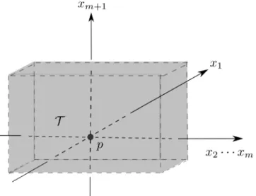 図 4.4: x 2 · · · x m+1 空間の近傍 T 任意の (x 1 , . . . , x m ) ∈ W + \ T に対して，ある n 0 ∈ N が存在して， n ≥ n 0 のとき， Int(L) は (λ − 1 n x 1 , 