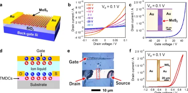 Figure 1.6 (a) Schematic illustration and (b, c) the room-temperature transfer characteristics of  a back-gate FET based on a MoS 2  monolayer