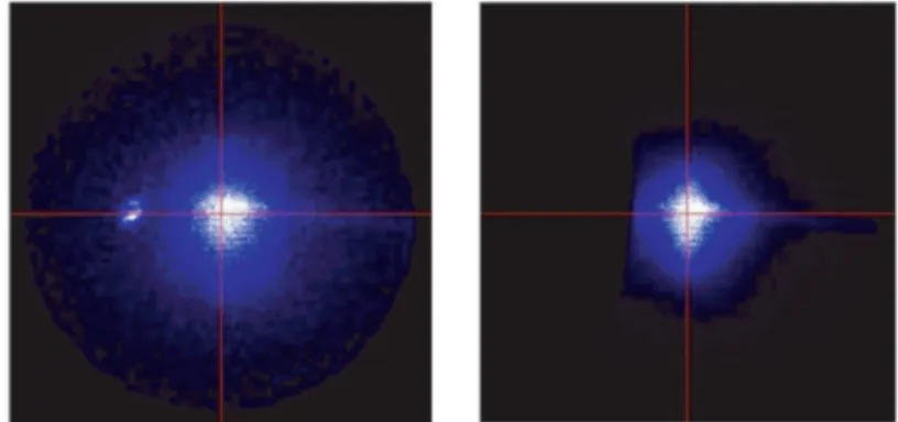 図 3.11 CCD で観測した蛍光板．左：ミラー無し  右：ミラー有り