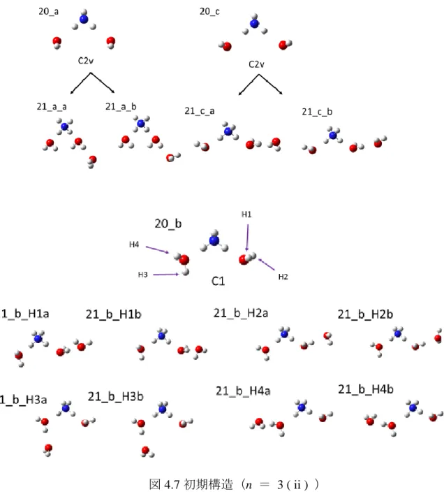 図 4.7 初期構造（ n  ＝   3 ( ii )  ）    ( ii ) NH4の水素2つとNH4 の水素に水素結合した水分子の水素に１つ水素結合する場合   すべての水分子の向きを考慮すると膨大な計算量になるため、n ＝  2 で得られた安定構造に水分子を1つ増やすという方法をとった。20_a、20_cはC2v対象性から2つの構造の計算を行い、20_bについてはそれぞれの水素に水素結合する場合について計算を行った。初期構造と構造最適化の結果を示す。 