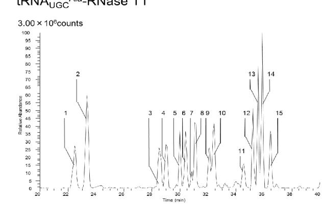 Figure 4-3 tRNA UGCAla  RNase T1 消化断片のベースピーククロマトグラム 