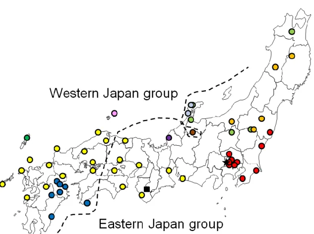 Fig.  3-1.  Sampled  localities  of  lentic  Hynobius  used  in  the  present  study.  Circles  of  yellowish green, orage, red, light blue, yellow, purple, pink, green, and blue indicate the  sampled  locations  of  H
