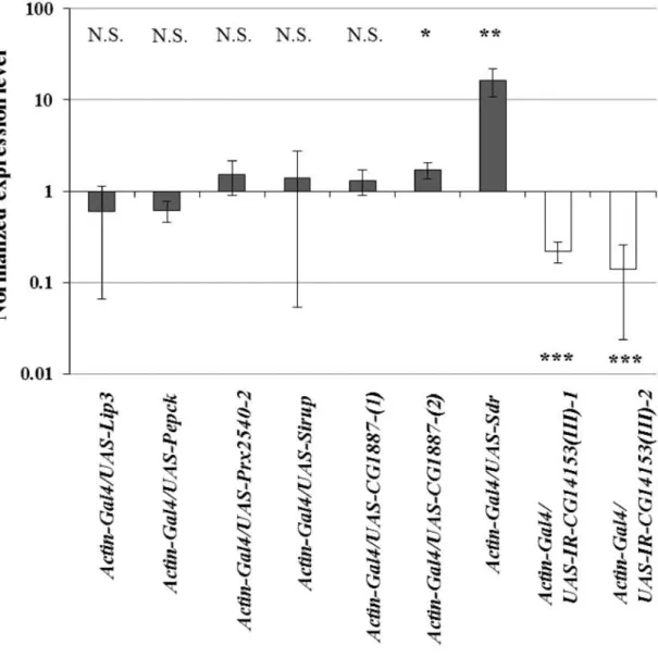 Fig.  4.  Normalized  expression  levels  of  8  candidate  genes  in  transgenic  mutant  flies  measured  by  RT qPCR