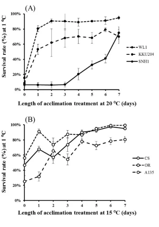 Fig.  1.  Survival  rate  at  1 °C with  various  length  of  acclimation  at  20  °C  after  16-hour  (WL1  and  KKU204)  or  24-hour  (SNH1)  exposure  to  1  °C  in  D