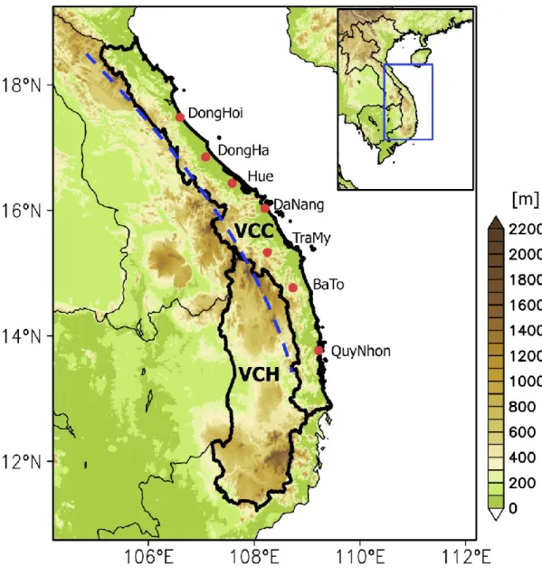 Fig. 3.1. Topography (shaded, m) of the VCC and the VCH (surrounded by thick-solid- thick-solid-black lines), and eastern part of the Indochina Peninsula