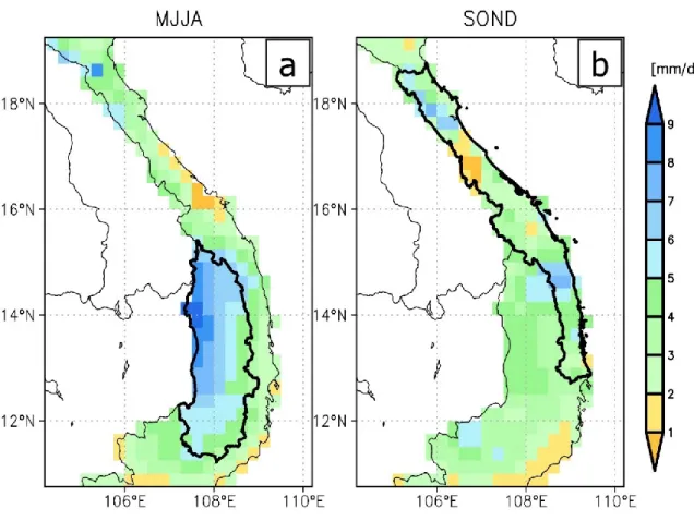 Fig. 3.3. Spatial patterns of SPDs’ rainfall difference between maximum and minimum  values at  each  grid point in  central  Vietnam,  averaged for (a) MJJA and (b) SOND in  2001–2010