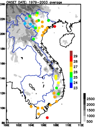 Fig.  2.1. Topography  height  (gray  shaded;  m)  and  climatological  summer  monsoon  onset  date  (colored  dot;  pentad  number),  following  the  definition  of  summer  monsoon  onset  date  by  Matsumoto (1997), at 54 stations in Vietnam during a 2
