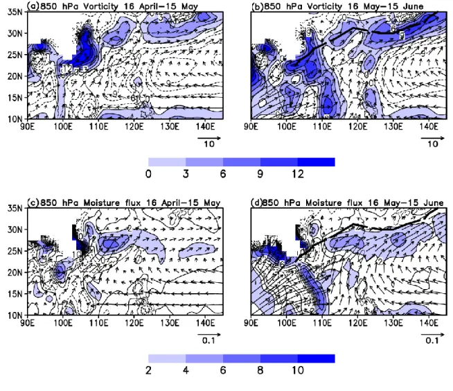 Fig. 2.9. Vorticity (10 -6  s -1 ) and wind vector (m s -1 ) at 850 hPa in (a) April 15-May 15 and (b)  May 16-June 15, averaged over 25 years (1979-2003)