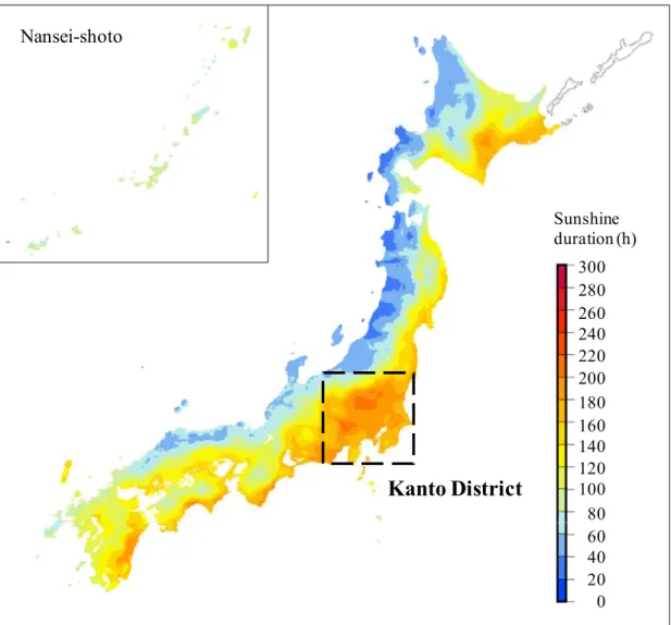 Fig. 2  Monthly climate normal of total sunshine duration (hours) in January, calcu- calcu-lated by the Japan Meteorological Agency (JMA) by using the observed data from  1981 to 2010