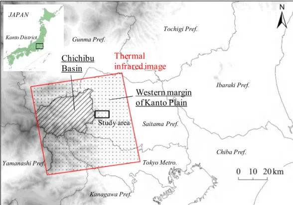 Fig. 4  Map of coverage of the Terra/ASTER thermal image (Red square), the west- west-ern margin of the Kanto Plain (dot area), and the Chichibu Basin (shaded area)