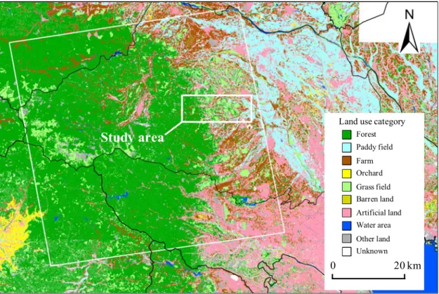 Fig. 7  Land-use  map  by  the  Natural  Environment  Information  GIS.  White  square  indicates coverage of the Terra/ASTER thermal image