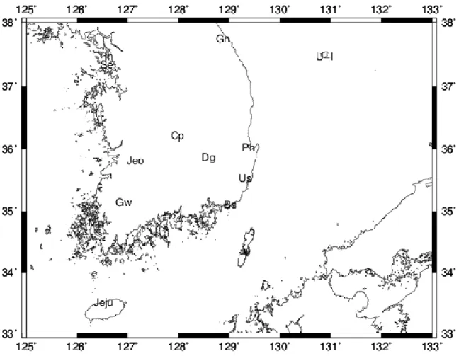 図 2  本研究で用いる韓国の 14 の雨量観測点． 