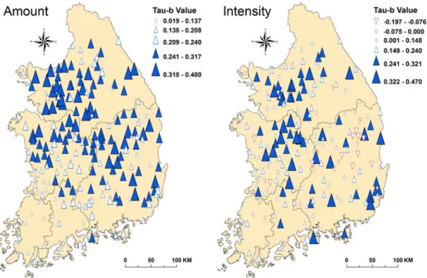 図 10  韓国の 187 地点における 1973～2005 年における夏季全体の降水量と降水強度の長 期変化と統計的有意性の評価． 