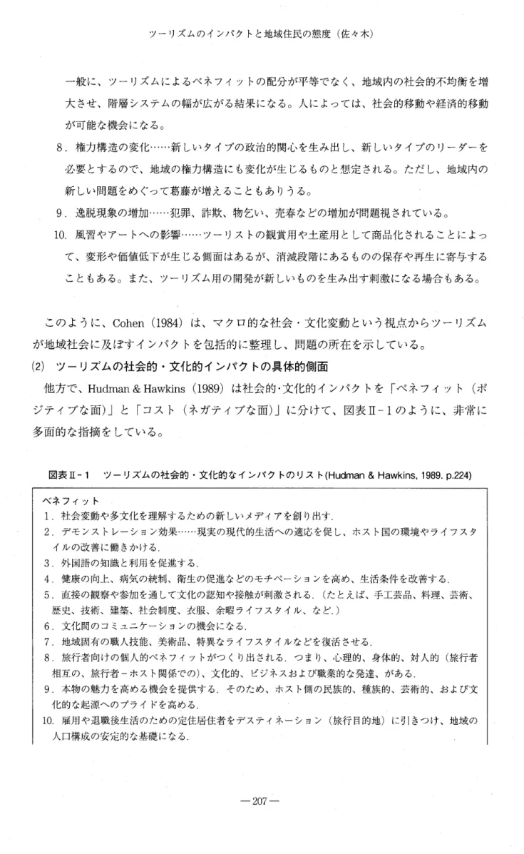 図表 I I‑1  ツーリズムの社会的・文化的なインパクトのリスト (Hudman &amp;  Hawkins, 1 9 8 9 .  p . 2 2 4 )   ベネフィット 1  .  ネ十会変動や多文化を理妍するための新しいメデイアを創り出す． 2 