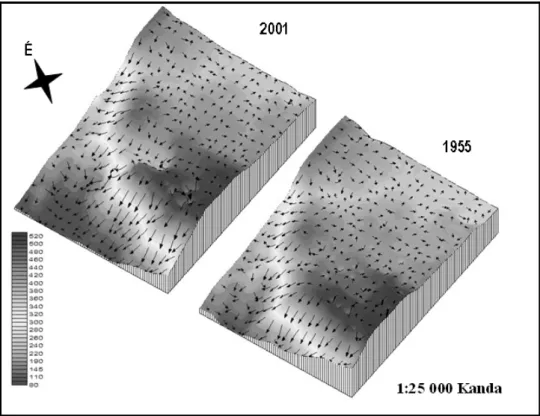 Fig. 3 Model of relief runoff changing on the north (around Kanda)  of karstic area between 1955 and 2001