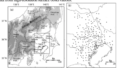 Figure 1a indicates geographical features of the study area.  The primary data source is the  Extended Metropolitan Environmental Temperature and Rainfall Observation System (E-METROS)  that was established in August 2006 (Mikami et al