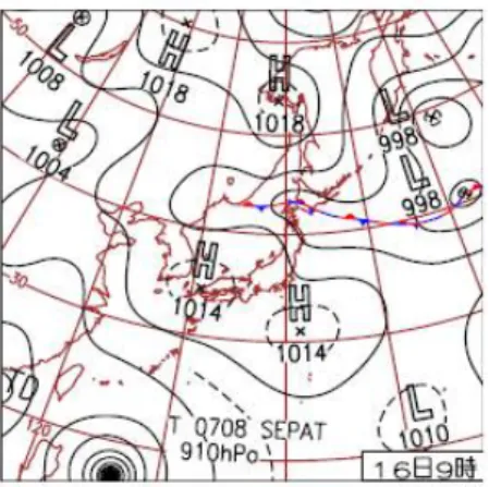 Figure 2 shows the surface weather chart at 09:00 JST on August 16, 2007. A Pacific anticyclone  covered the Kanto region; however, the center of the anticyclone was divided into two