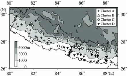 Fig. 1 Distribution map of the regions in Nepal classified by cluster analysis. The filled circles, filled triangles,  open  circles,  and  crosses  represent  Cluster  A,  Cluster  B,  Cluster  C,  and  Cluster  D, respectively