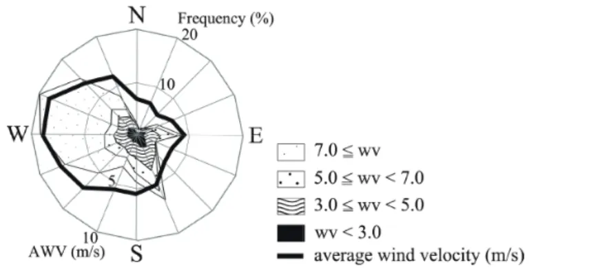 Fig. 3  Frequency of appearance and average wind velocity (wv in m/s) of each wind direction at  30 m AGL measured from January to December, 2000 in Noshiro region (NEDO 2006)