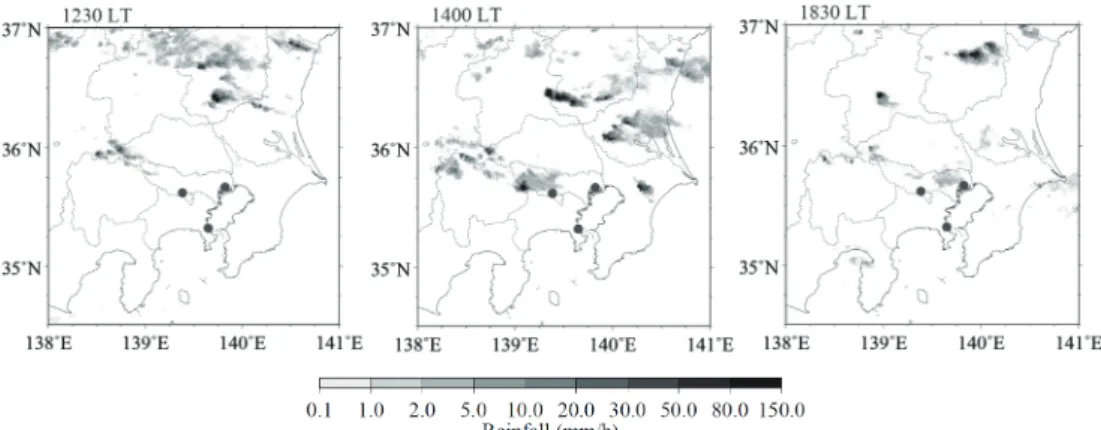 Fig. 3    Rainfall distribution over the Kanto district obtained from the Japan Meteorological Agency (JMA)                  radar rainfall analysis at 12:30 (left), 14:00 (center), and 18:30 (right) at local time (LT) on June 22,           2013