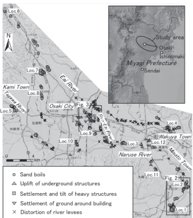 Fig. 1 Distribution of liquefaction-induced damages in the study area.