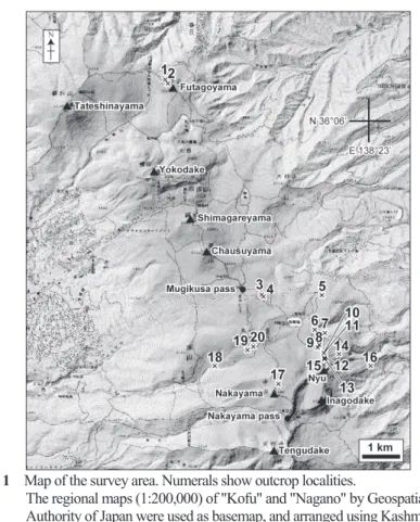 Fig. 1 Map of the survey area. Numerals show outcrop localities.