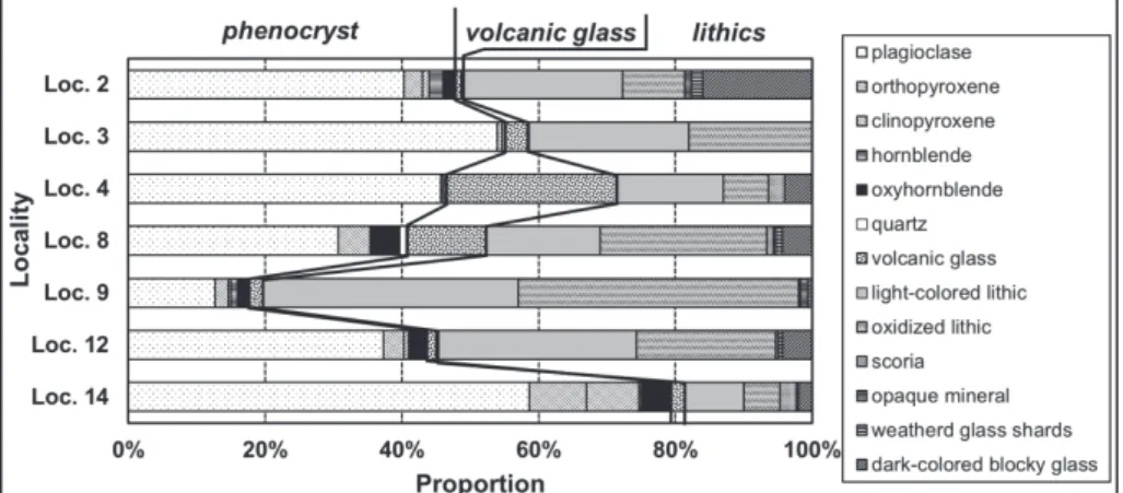 Fig. 3 Particle components of the deposits at several localities.