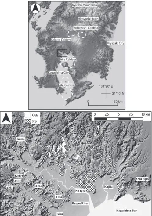 Fig. 1 Regional setting and the study area. The distribution of Nb and Oda are after Hase  et al