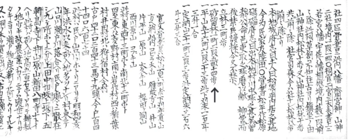 Fig. 1     Description of Sabo forest (denoted by an arrow) in the Owari Junkoki. 
