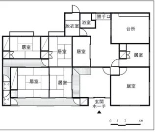 図 2.3.4　G2 平面図（③） ［1995.9］ 図 2.3.5　G3 平面図（④） ［2003.9］ 0 1 2 4M台所居室居室脱衣室浴室勝手口居室居室居室トイレトイレ居室居室玄関ホーチ＜1 階＞レストラン食堂居室 居室 居室 居室＜2 階＞012 4M