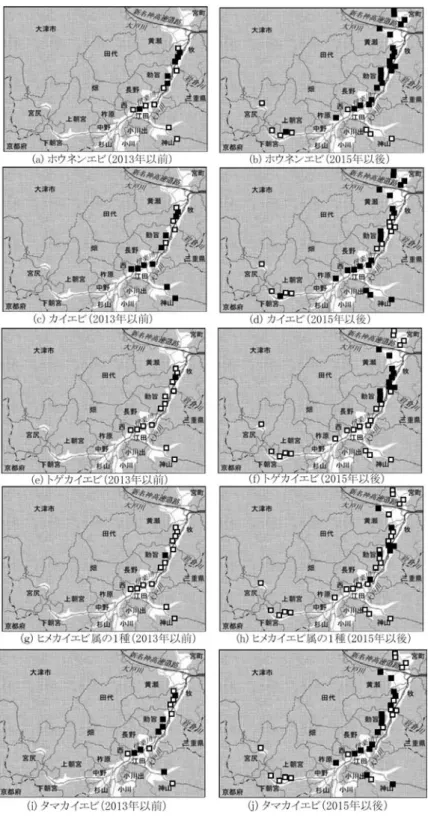図 6 甲賀市信楽町における大型鰓脚類の分布の変化（■：生息している，□：生息していない）きく変化していないことがわかる． 表 4 の右半分には，複数種の大型鰓脚類が同時出現した水田の数も示している．たとえば，右から 3 列目，2 行目に 3 と書かれた列の数字 は，3 種の大型鰓脚類が同時出現していること を確認できた水田が何筆あるかを表している．なお，右から 6 列目，2 行目にある 0 と書かれた列の数字は，大型鰓脚類が確認できなかった
