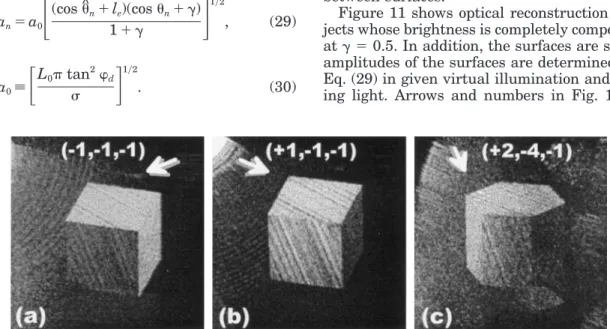 Fig. 10. Optical reconstructions of unshaded hexagonal prisms (a) without brightness compensation and (b), (c) with compensation in