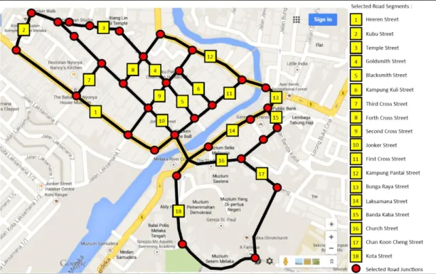 Figure 3-5 Selected Street Segments and Junctions in the Core Zone of Melaka  WHS for the Physical Study  