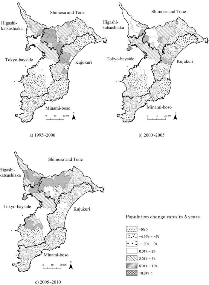 Fig. II-3  Patterns of population redistribution on the Boso Peninsula from 1995 to 2010.