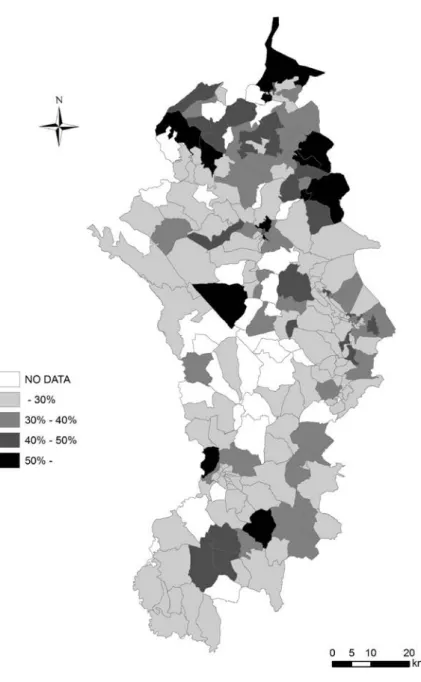 Figure 6. Distribution of service classs in Derbyshire Dales (1991: ED)  Source: UK Census 1991 