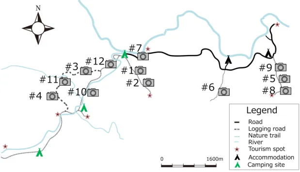 Fig.  2-5  Location  of  camera  traps.  #1~12  camera  traps  were  installed  in  Endau  Rompin national park
